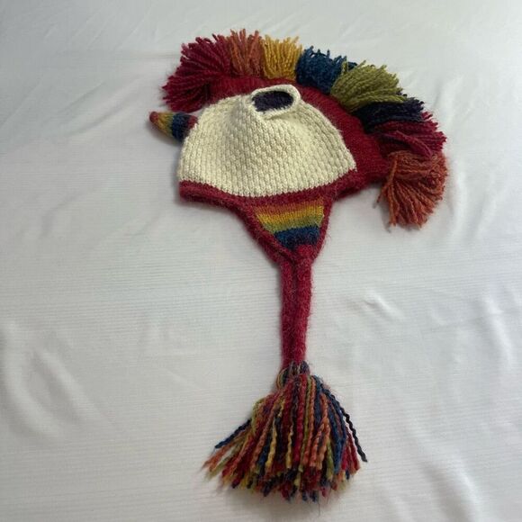 Adult One Size Fits Most Peruvian Trading Company Hand Knit Rainbow Unicorn Hat - Picture 1 of 5
